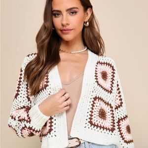 Lulu’s Cute Mentality Ivory Multi Crochet Open-Front Cardigan Sweater